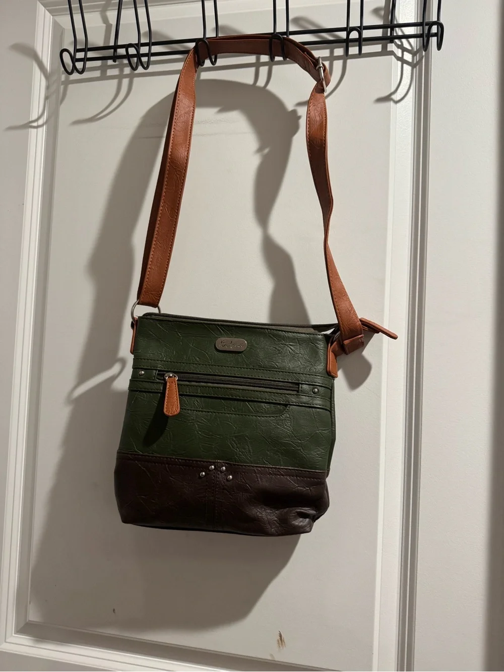 B.Amici 10x10 Green and Brown Crossbody Bag with Tan Strap